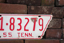 Load image into Gallery viewer, 1955 Tennessee License Plate State Shaped Vintage White and Red - Eagle&#39;s Eye Finds

