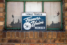 Load image into Gallery viewer, Farmer&#39;s Union Sign Vintage Blue Tin Farming Sign - Eagle&#39;s Eye Finds
