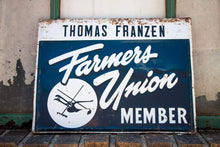 Load image into Gallery viewer, Farmer&#39;s Union Sign Vintage Blue Tin Farming Sign - Eagle&#39;s Eye Finds
