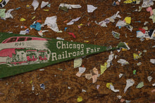 Load image into Gallery viewer, Chicago Railroad Fair Green Felt Pennant Vintage Kid&#39;s Room Decor - Eagle&#39;s Eye Finds
