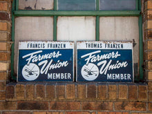Load image into Gallery viewer, Farmer&#39;s Union Sign Vintage Blue Tin Farming Sign - Eagle&#39;s Eye Finds
