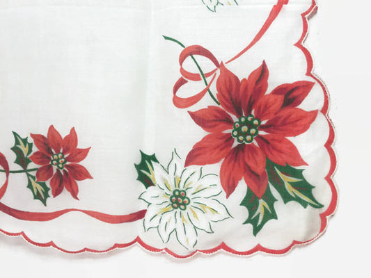 Poinsettia Holiday Hanky Vintage Christmas Handkerchief - Eagle's Eye Finds