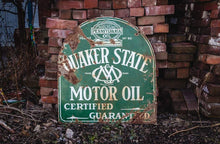 Load image into Gallery viewer, Quaker State Tombstone Porcelain Sign Vintage Gas and Oil Advertising Signage - Eagle&#39;s Eye Finds
