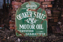 Load image into Gallery viewer, Quaker State Tombstone Porcelain Sign Vintage Gas and Oil Advertising Signage - Eagle&#39;s Eye Finds
