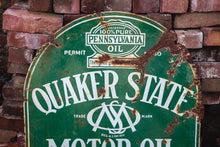 Load image into Gallery viewer, Quaker State Tombstone Porcelain Sign Vintage Gas and Oil Advertising Signage - Eagle&#39;s Eye Finds
