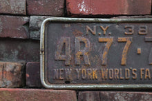 Load image into Gallery viewer, New York 1938 World&#39;s Fair Vintage License Plate with Bracket - Eagle&#39;s Eye Finds
