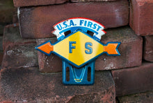 Load image into Gallery viewer, Sunoco USA First FS Initials License Plate Topper Vintage Automobilia - Eagle&#39;s Eye Finds
