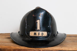 Phenolic Firefighter Helmet with Leather Badge Number 1 MFD - Eagle's Eye Finds