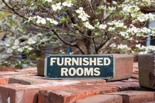 Furnished Rooms Tin Art Deco Sign Vintage Bed and Breakfast Wall Decor - Eagle's Eye Finds