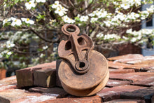 Load image into Gallery viewer, Vintage Cast Iron Pulley Farmhouse Rustic Wood and Metal Decor - Eagle&#39;s Eye Finds
