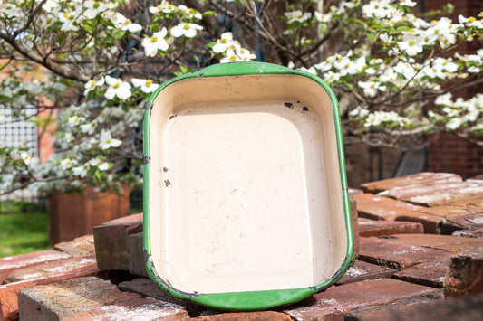 Green and Cream Enamelware Pan Vintage Kitchen Decor - Eagle's Eye Finds
