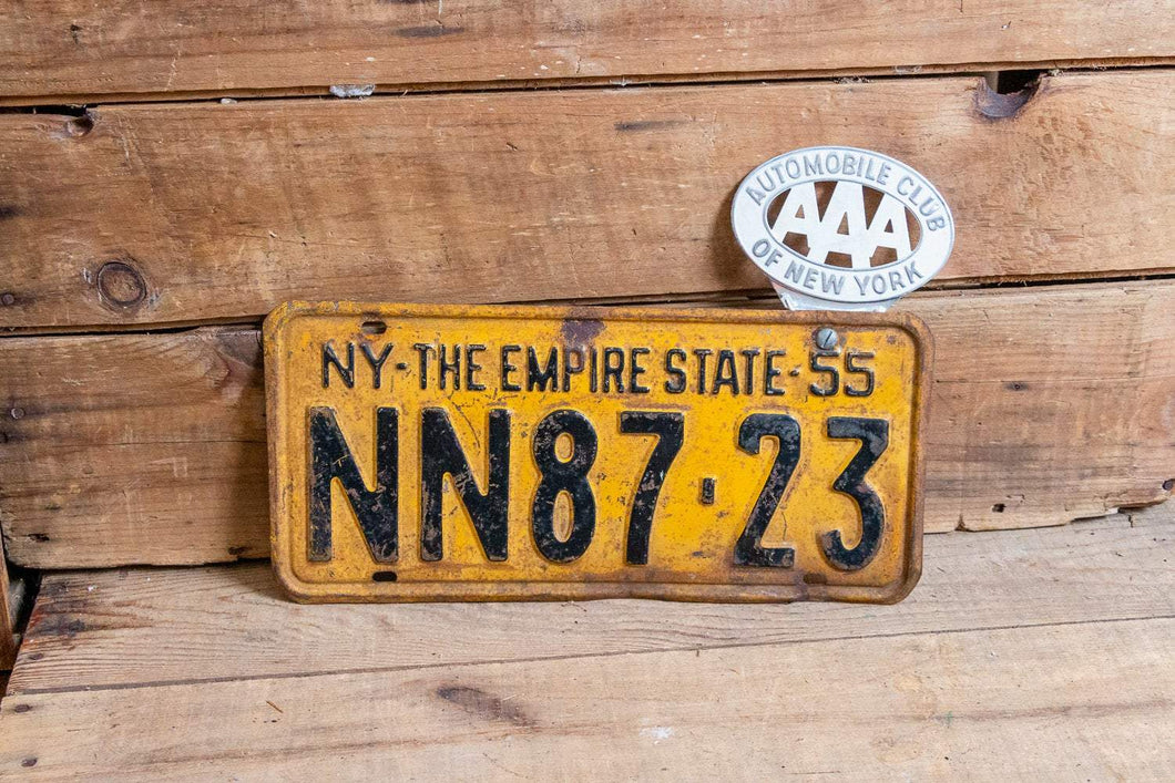 1955 New York Empire State Vintage License Plate with AAA Auto Club Topper - Eagle's Eye Finds