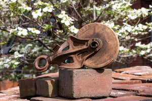 Vintage Cast Iron Pulley Farmhouse Rustic Wood and Metal Decor - Eagle's Eye Finds