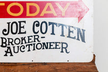 Load image into Gallery viewer, Auction Painted Metal Sign Vintage Boho Decor Colonel Joe Cotton - Eagle&#39;s Eye Finds
