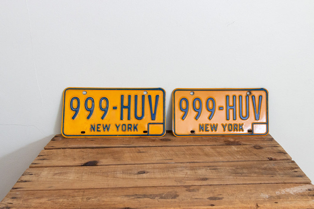 New York 999 HUV License Plate Pair Vintage Triple Digit Wall Hanging Decor - Eagle's Eye Finds