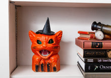 Load image into Gallery viewer, Cat Paper Mache Lantern Halloween Decor Hissing Cat on Fence - Eagle&#39;s Eye Finds
