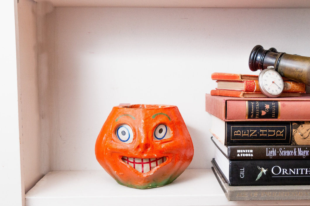 Paper Mache Pumpkin Jack O'Lantern Halloween Decor Smiling Face - Eagle's Eye Finds