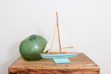 Load image into Gallery viewer, Wood Toy Boat Vintage Light Blue Pond Ship Lake House Decor - Eagle&#39;s Eye Finds

