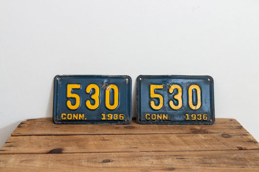 530 Connecticut 1936 License Plate Pair 3 Digit Low Number Vintage Wall Decor - Eagle's Eye Finds