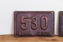 Load image into Gallery viewer, 530 Connecticut 1933 License Plate Pair 3 Digit Low Number Vintage Wall Decor - Eagle&#39;s Eye Finds
