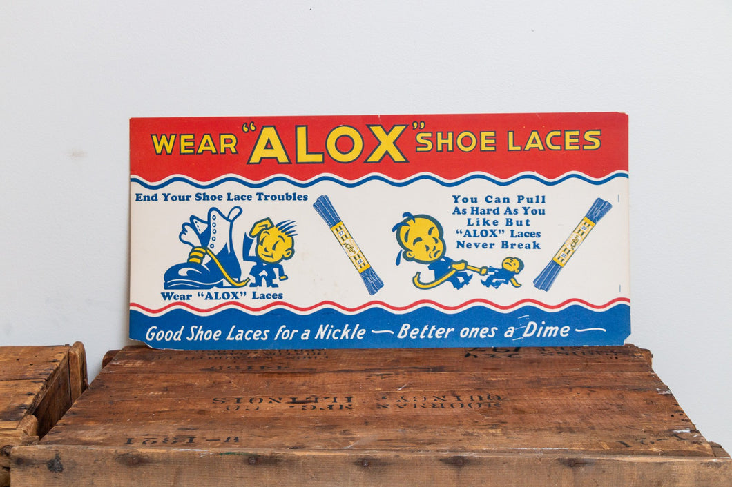 Alox Shoelaces Sign Vintage Cardboard Advertising Mudroom Wall Decor - Eagle's Eye Finds