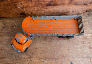 Hubley Stake Truck 500 Series Vintage Orange Toy Flatbed Stake Trailer Truck - Eagle's Eye Finds