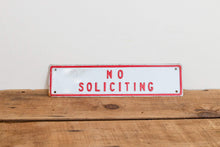 Load image into Gallery viewer, No Soliciting Sign Vintage Embossed Red and White Wall Hanging Decor - Eagle&#39;s Eye Finds
