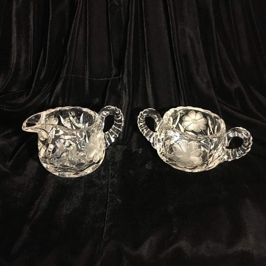 Floral Cut Glass Cream and Sugar Vintage Floral Etched Glass - Eagle's Eye Finds