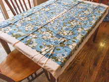 Load image into Gallery viewer, 1950&#39;s Cotton Tablecloth, Vintage Blue Floral Print, Cottage Kitchen Decor, Rectangle 55 x 48 in - Eagle&#39;s Eye Finds
