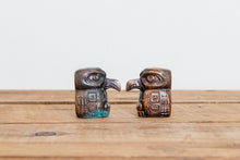 Load image into Gallery viewer, Totem Salt and Pepper Shakers Vintage Copper Metal Table Decor - Eagle&#39;s Eye Finds
