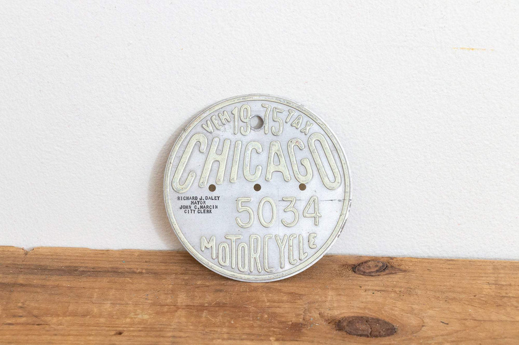1975 Chicago Motorcycle Tax Tag Vintage License Plate Auto Collectible - Eagle's Eye Finds