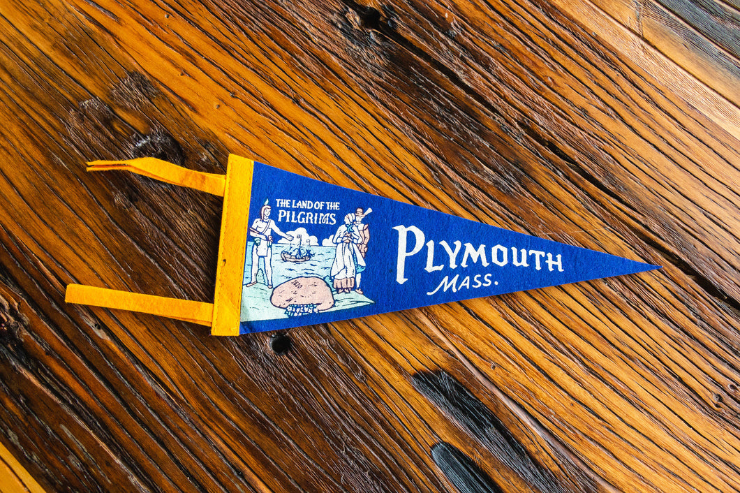 Plymouth Massachusetts Felt Pennant Vintage Blue Wall Decor - Eagle's Eye Finds