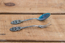 Load image into Gallery viewer, Tea Serving Utensils Vintage Silver Plated Jam Spoon and Lemon Fork - Eagle&#39;s Eye Finds
