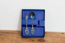 Load image into Gallery viewer, Tea Serving Utensils Vintage Silver Plated Jam Spoon and Lemon Fork - Eagle&#39;s Eye Finds
