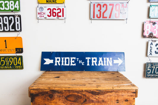 Ride the Train Arrow Sign Vintage Blue Railroad Wall Decor - Eagle's Eye Finds
