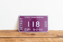 Load image into Gallery viewer, Detroit 1993 Snow Removal License Plate Vintage Purple Michigan Wall Hanging Decor - Eagle&#39;s Eye Finds
