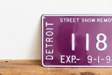 Load image into Gallery viewer, Detroit 1993 Snow Removal License Plate Vintage Purple Michigan Wall Hanging Decor - Eagle&#39;s Eye Finds
