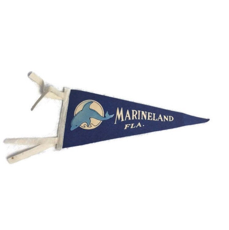 Marine Land Dolphin blue Felt Pennant Vintage Nautical Wall Decor - Eagle's Eye Finds