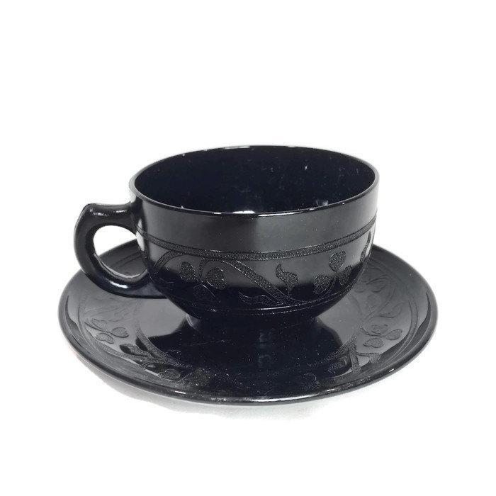 Black Cloverleaf Pattern Teacup and Saucer Set - Eagle's Eye Finds