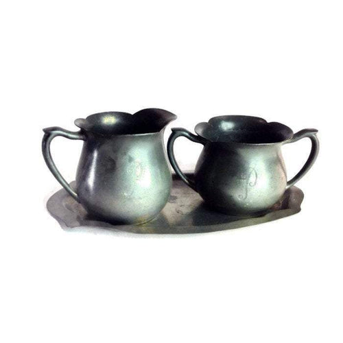Colonial Pewter Sugar and Creamer with 