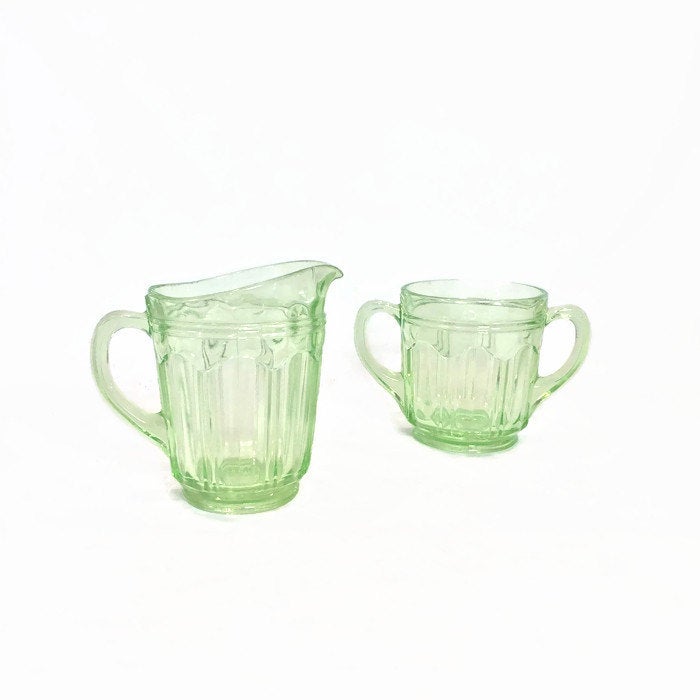 Green Colonial Cream and Sugar Vintage Depression Glass - Eagle's Eye Finds