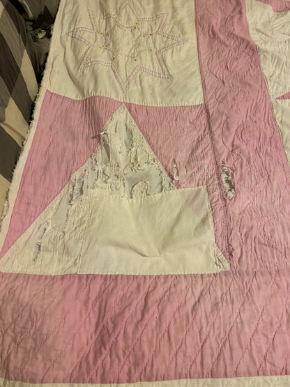 Pink Sawtooth Star Hand Stitched Embroidered Quilt Vintage Farmhouse Decor - Eagle's Eye Finds