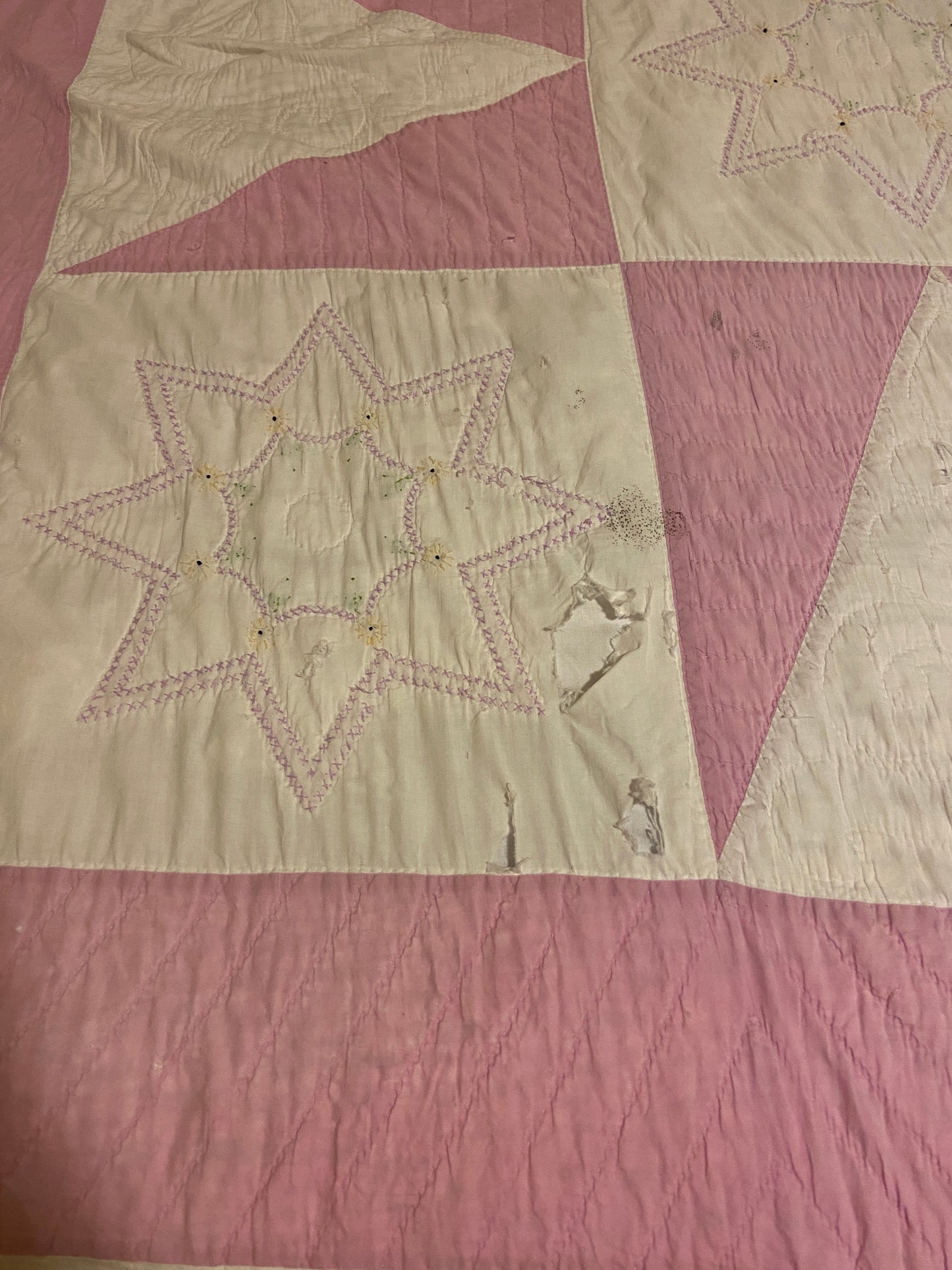 Pink Sawtooth Star Hand Stitched Embroidered Quilt Vintage Farmhouse Decor - Eagle's Eye Finds