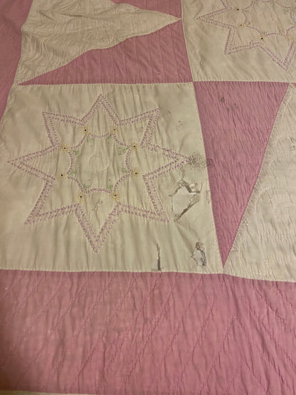 Pink Sawtooth Star Hand Stitched Embroidered Quilt Vintage Farmhouse Decor - Eagle's Eye Finds