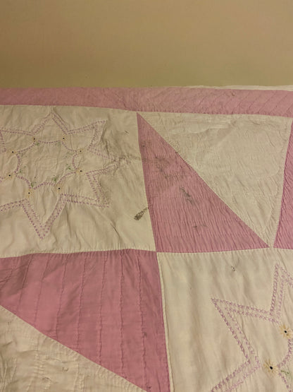 Pink Sawtooth Star Hand Stitched Embroidered Quilt Vintage Farmhouse Decor - Eagle's Eye Finds